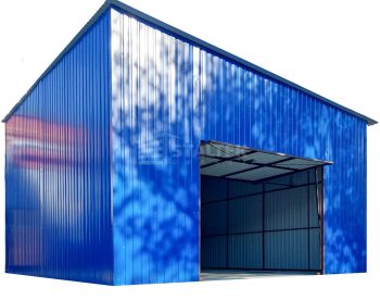 Hala - Garaż blaszany 7x8m - brama uchylna - niebieski - dach spad w bok ST251