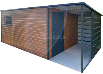 Schowek - Domek ogrodowy 4x2m + wiata 1,5m - drzwi - okno - ciemny orzech - drewnopodobny - antracyt - dach spad w tył ST252