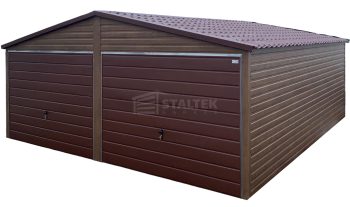 Garaż blaszany 6x5,8m - 2x brama dwuskrzydłowa - ciemny orzech - drewnopodobny - blachodachówka - dach dwuspadowy ST248