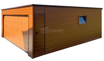 Garaż blaszany 6x5m - brama segmentowa - drzwi - okno - jasny orzech - drewnopodobny - dach spad w tył ST223