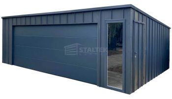 Garaż blaszany 7x6 m - brama segmentowa - drzwi - okno - antracyt - blacha na rąbek - spad w tył ST270