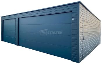 Garaż blaszany 9x5 m - 2x brama segmentowa - drzwi - antracyt - dach spad w tył ST271