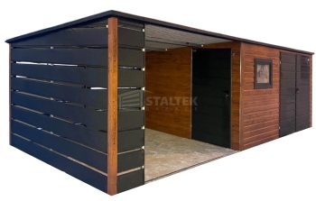 Schowek - Domek ogrodowy 3,5x3 m + wiata 3x3 m - brama dwuskrzydłowa - drzwi - okno - jasny orzech - drewnopodobny - antracyt - dach spad w tył - rynna ST273