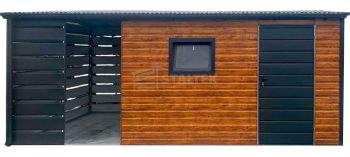 Schowek - domek ogrodowy 4x3 m + wiata 2x3 m - drzwi - okno - jasny orzech - drewnopodobny - antracyt - dwuspad odwrócony - rynny STK279