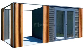 Domek ogrodowy 3x2 m - wiata 2x2 m - drzwi PCV - antracyt - dekor z lameli - jasny orzech - dach spad w tył ST255